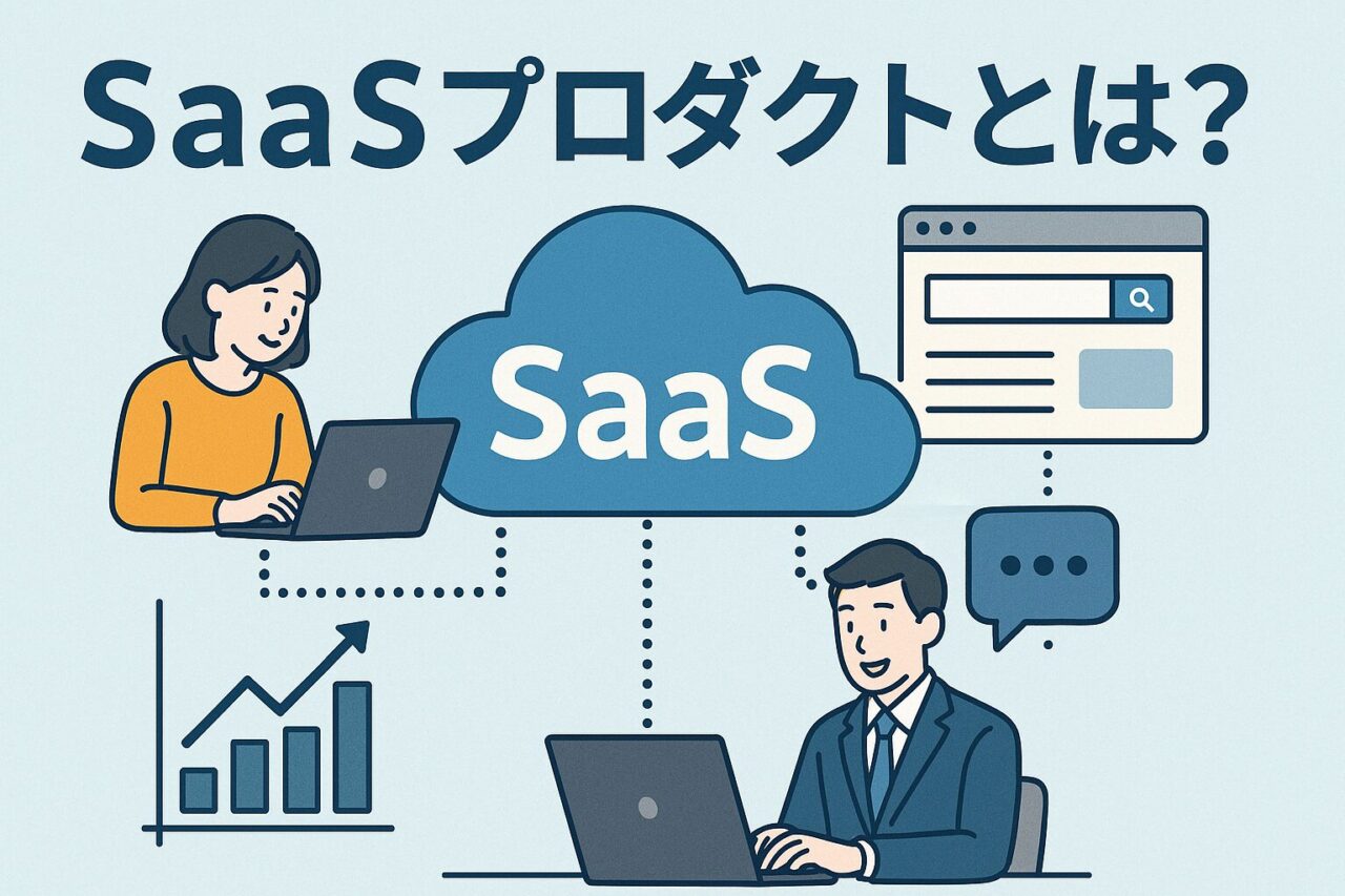 中央に「SaaS」と書かれたクラウドがあり、周囲にパソコンを操作する人物やグラフ、Web画面、チャットアイコンが接続されている構成のイラスト。SaaSプロダクトの仕組みや多様なサービスを象徴的に表現。