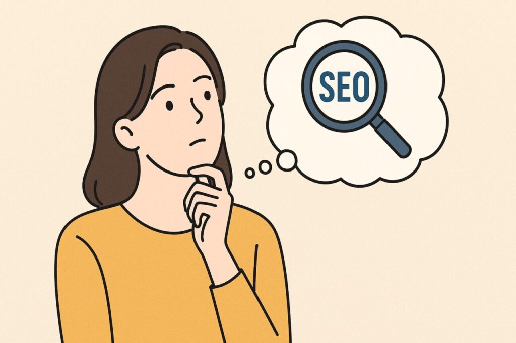 SEOについて考えている女性と“SEO”と書かれた虫眼鏡の吹き出しのイラスト
