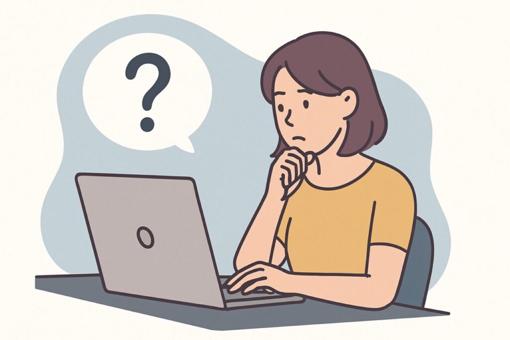 パソコン画面を見て困惑する女性と、吹き出し内のクエスチョンマークのイラスト