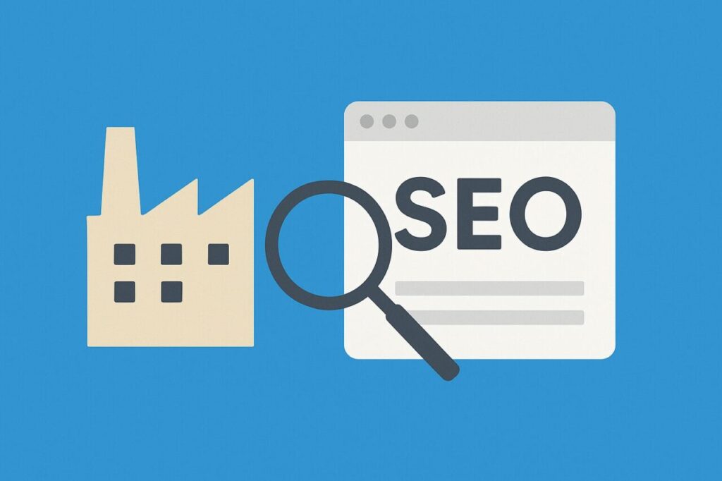 工場のアイコンとSEOの文字が表示されたブラウザ画面。中小企業のSEO施策を象徴するイラスト。
