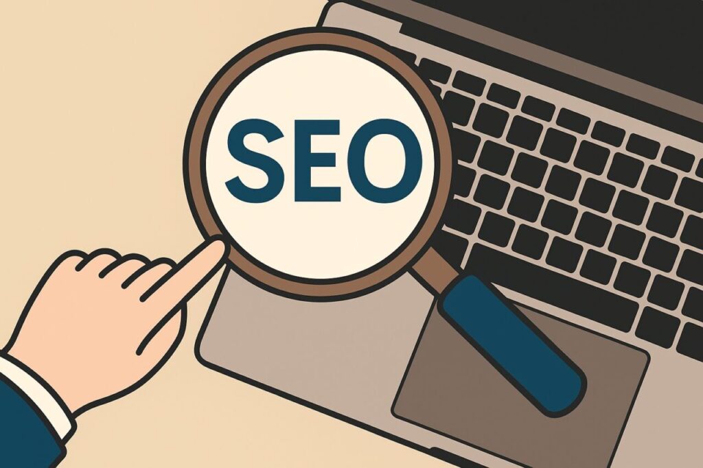 SEOの概念を表現する虫眼鏡とパソコンのイラスト