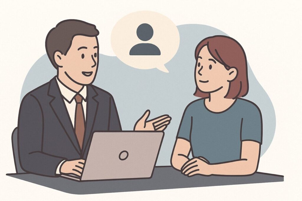ビジネススーツの男性と女性が会話しながら、パソコンを前にペルソナ設計について話し合っているイラスト