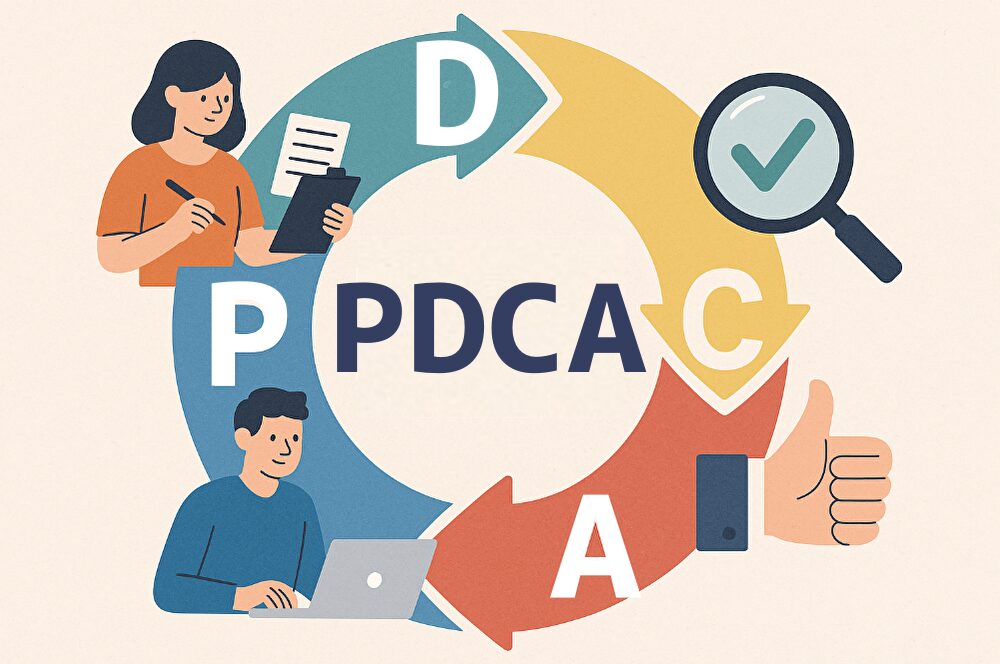 PDCAサイクルを図解したイラスト。Plan・Do・Check・Actの4ステップを矢印で表現し、それぞれのフェーズに人物やアイコンが配置されている。SEOにおけるPDCAの継続的な改善を示す。