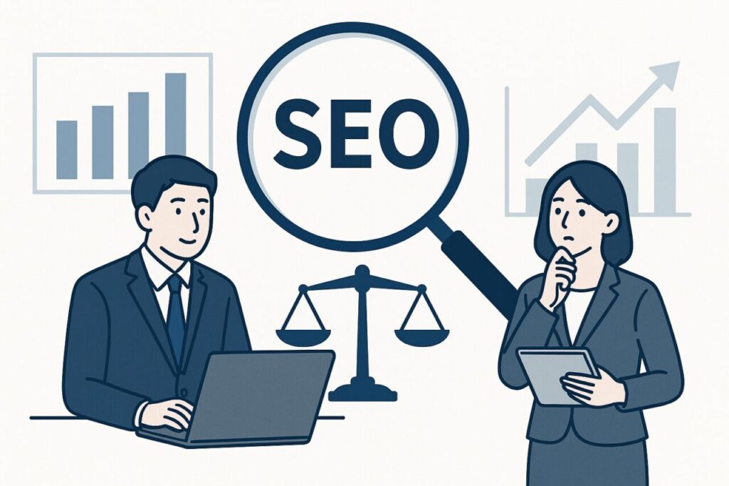 SEO戦略を検討する男性と女性のビジネスパーソン。内製と外注のバランスを象徴する天秤と拡大鏡が中央に配置されているイラスト。