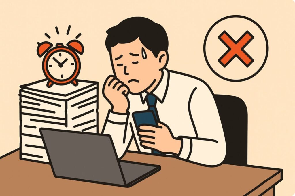大量の書類と締切に追われ、スマホを見ながら悩む男性ビジネスマン。焦る様子とバツ印が“毎日更新”のプレッシャーを象徴。