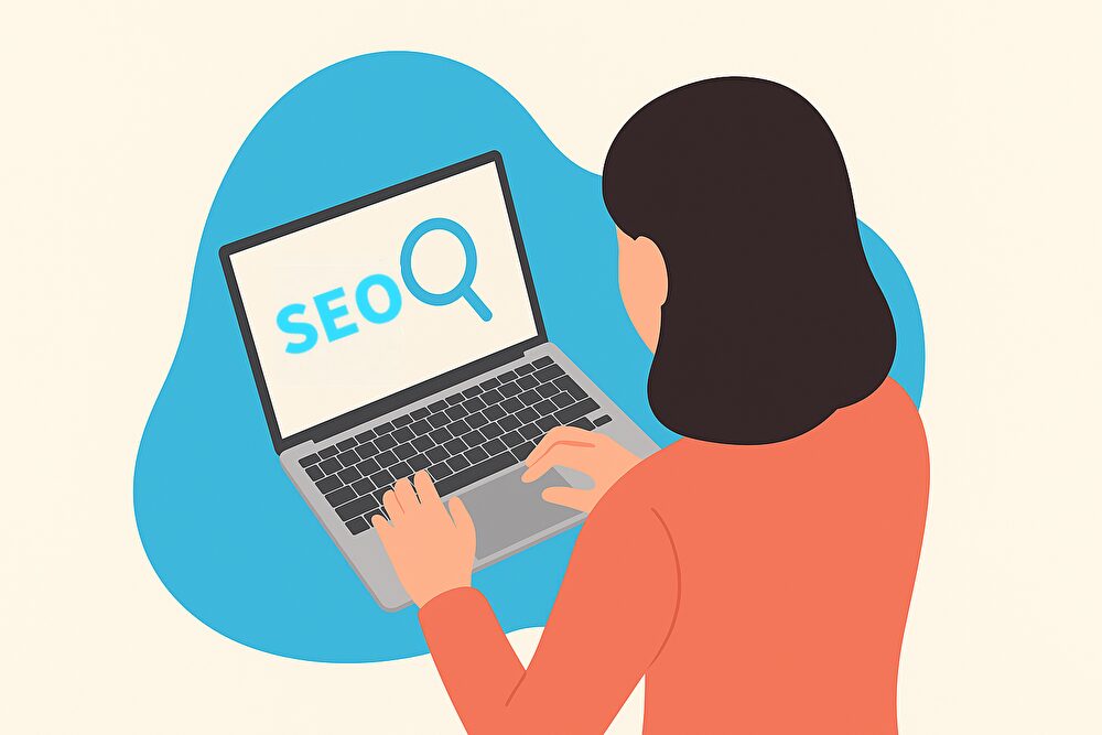 ノートパソコンで“SEO”と検索している女性の後ろ姿のイラスト