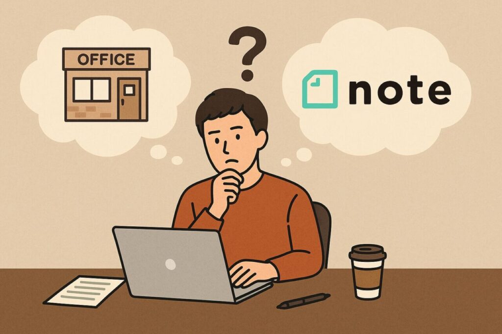 ノートパソコンを前に悩む男性が、オフィスビルとnoteロゴのどちらを選ぶか迷っている様子を描いたイラスト。個人事業主がnote活用を検討するシーンを表現している。