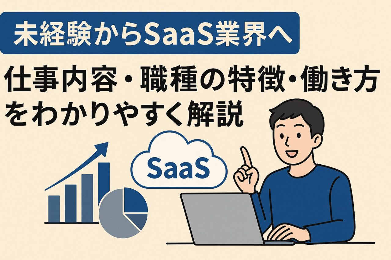 未経験からSaaS業界を目指す若者がノートパソコンを前に説明している様子を描いたイラスト。グラフやクラウドのSaaSロゴが添えられ、記事タイトル「仕事内容・職種の特徴・働き方をわかりやすく解説」の文字が大きく表示されている。