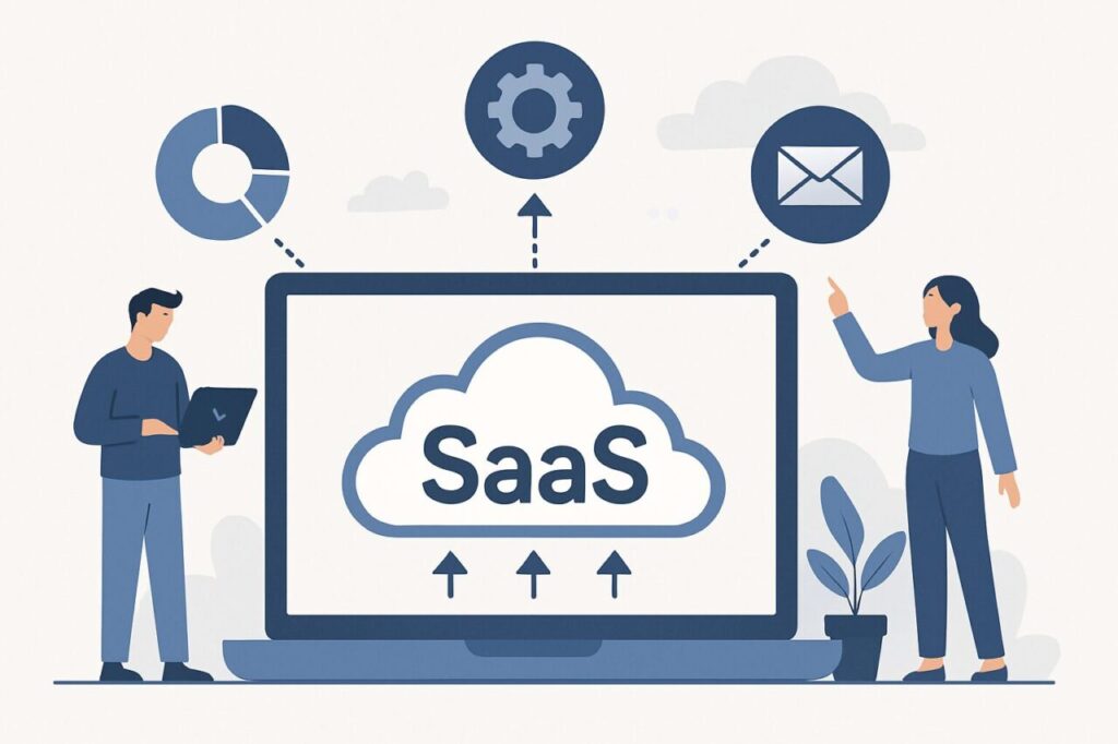 クラウド上に構築されたSaaSサービスを、ノートパソコンとビジネスパーソンのアイコンで表現したイメージイラスト。業務ツールや分析機能を象徴するグラフィックが周囲に配置されている。