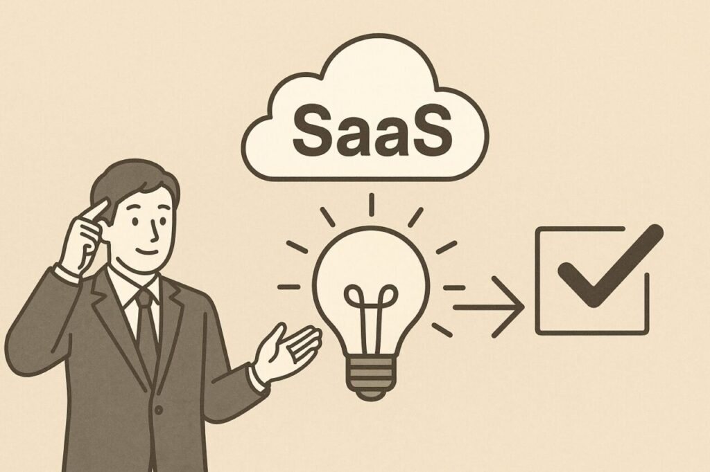 SaaSをきっかけに気づきを得るビジネスマンと、ひらめきの電球、クラウド、チェックマークを組み合わせた未来志向のイラスト