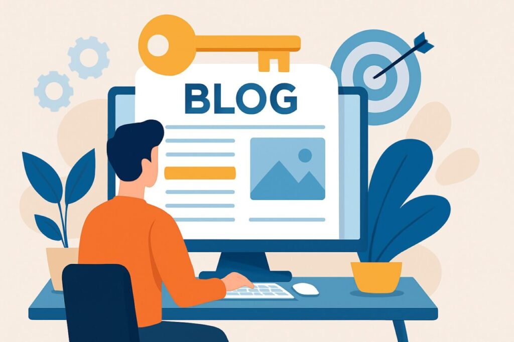 パソコン画面に表示された『BLOG』の文字を見つめる人物のイラスト。上部には大きな鍵、背景にはターゲットと矢が描かれ、ブログ成功の鍵としてタイトル設計の重要性を表現。