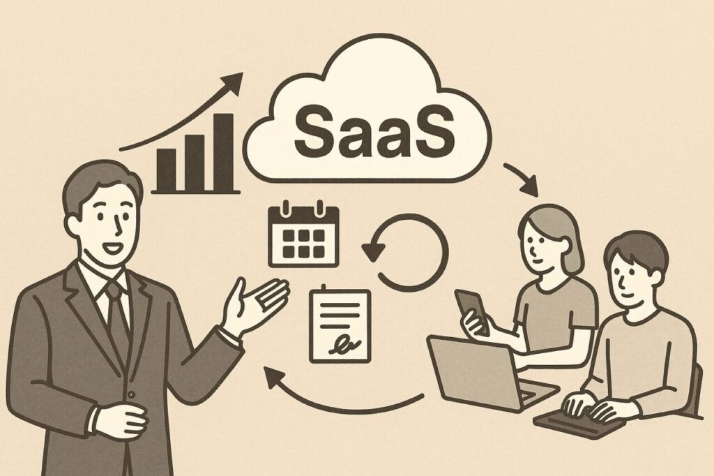 SaaSビジネスモデルの仕組みを解説するビジネスマンと、クラウド・契約・定額課金・利用者を組み合わせた図解風のイラスト