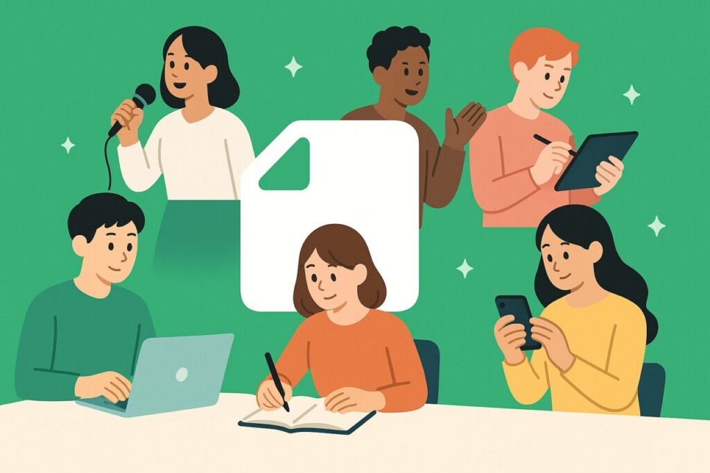 多様な人々が創作活動をする中、中央に白い紙アイコンが配置された、noteのクリエイティブ性を表現するイラスト