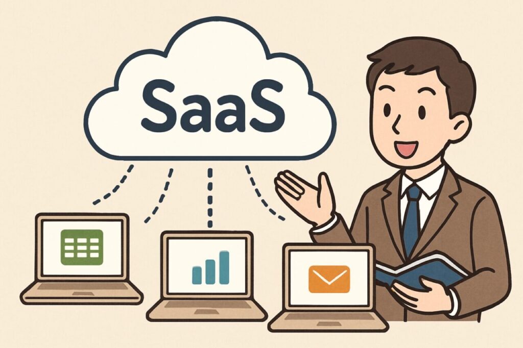SaaSの仕組みを説明するビジネスマンと、クラウド上にサービスを提供する3台のノートパソコンを描いたイラスト