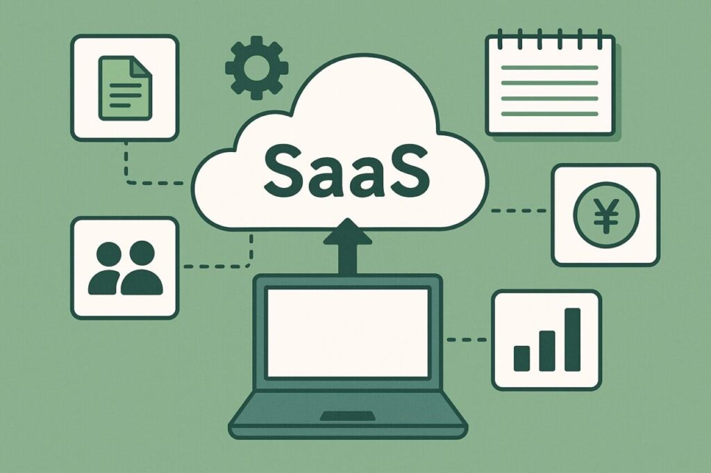 SaaSの仕組みを表すクラウド型サービス図。中心に「SaaS」と書かれたクラウド、下にパソコン、周囲にはユーザー管理・文書作成・収益化・スケジュール機能などを示すアイコンが接続されている。