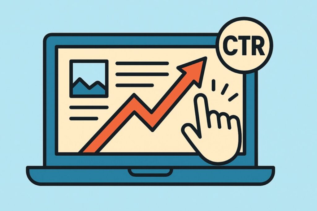 クリック率(CTR)の向上を示す赤い矢印と、パソコン画面をクリックする手のイラスト。記事タイトルの工夫による効果を視覚的に表現。
