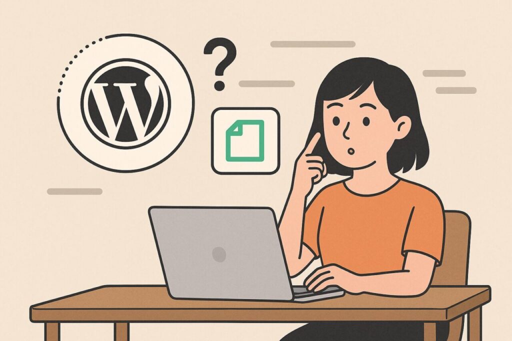 WordPressとnoteのどちらを使うべきか悩む女性が、パソコンの前で考え込んでいる様子を描いたイラスト。背景にWordPressとnoteのロゴと疑問符が浮かんでいる。