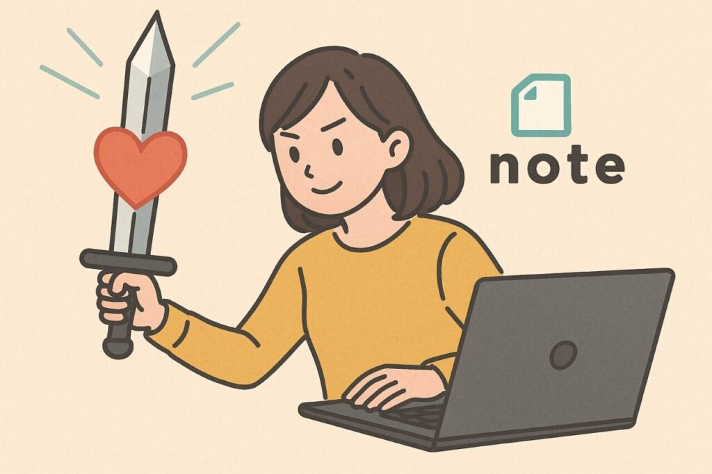 ノートパソコンに向かう若い女性が、赤いハートの装飾がついた剣を掲げ、「想い」を力に変えて発信しようとする姿を描いたイラスト。隣にはnoteのロゴが配置されている。