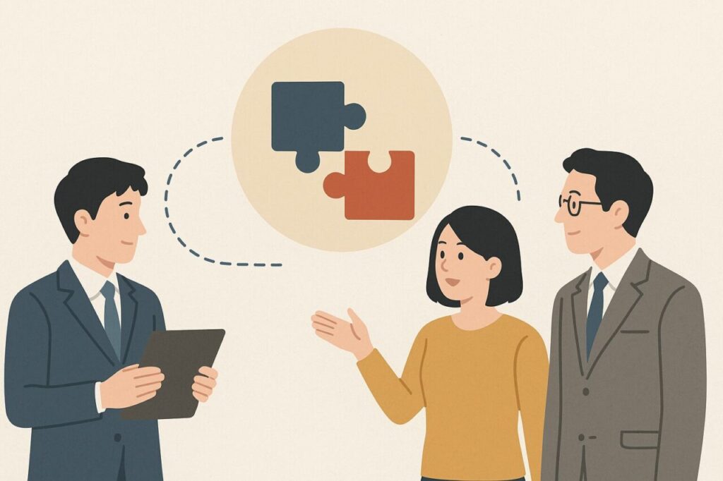3人のビジネスパーソンが会話する中で、パズルのピースがつながる様子を象徴するイラスト。知識や経験が組み合わさるナレッジマッチングの概念を表現している。