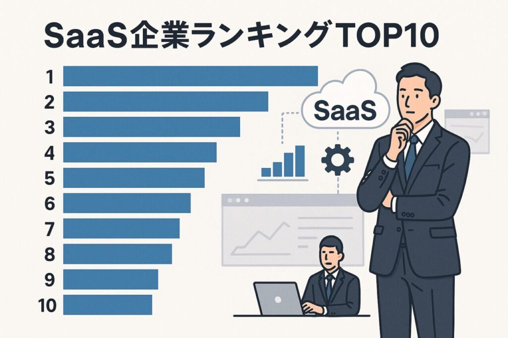 SaaS企業のランキングを示す棒グラフと、クラウドやビジネス関連のアイコン、スーツ姿のビジネスマンが配置されたイラスト画像。ビジネスとSaaSの雰囲気を表現した構成。