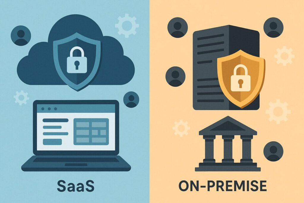 クラウド上のセキュリティを象徴するSaaSの仕組みと、物理的なサーバーを示すオンプレミス型システムの対比を表したイラストレーション。
