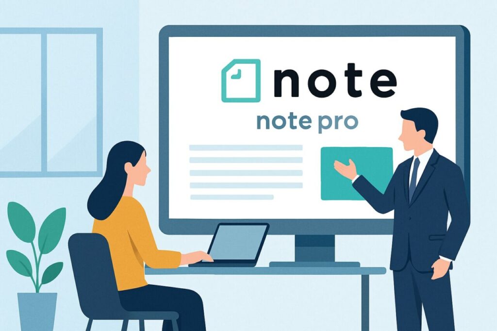 ノートパソコンを操作する女性と、note proの機能をプレゼンするスーツ姿の男性が向かい合う、企業向けnote導入を示すオフィスシーンのイラスト