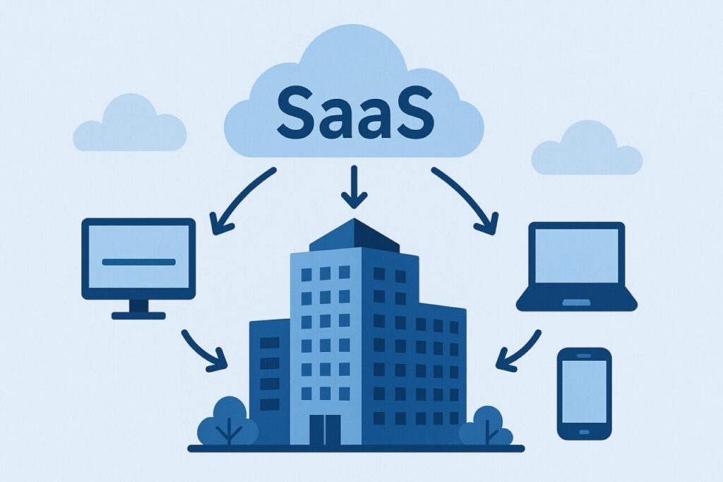 クラウド上に「SaaS」と表示され、その下に企業ビルとパソコン・ノートPC・スマートフォンが並び、それぞれが矢印で接続されている構成図。SaaS企業がソフトウェアをオンライン経由で提供している様子を示している。