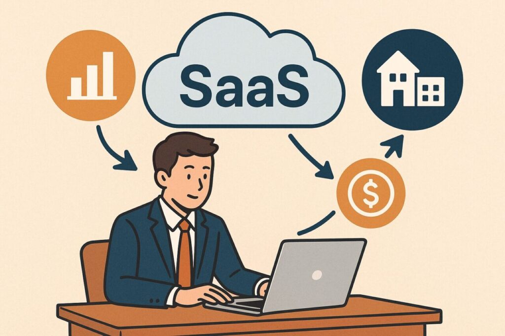 クラウド上のSaaSサービスから業務の簡略化やコスト削減の恩恵を受ける中小企業経営者を描いたイラスト。ノートパソコンを操作するビジネスマンと、SaaSクラウドに接続された成長・建物・通貨のアイコンが示されている。