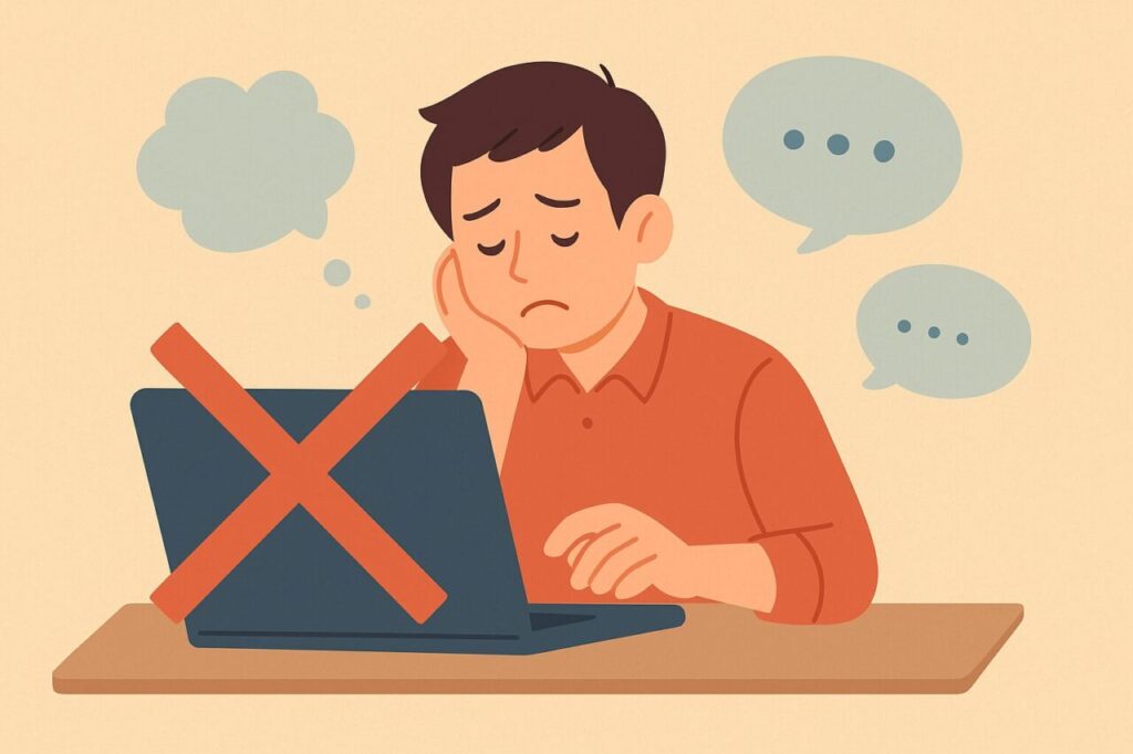パソコンに大きなバツ印が表示され、困惑した表情の男性がうつむいているイラスト。タイトル選びの失敗による逆効果を象徴。