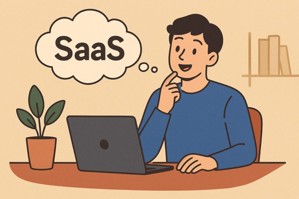 ノートパソコンの前でSaaSについて考えている若い男性のイラスト。クラウド型ソフトウェアに関心を持ち始めた様子を表現。