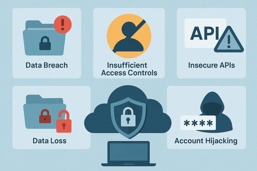 SaaSに関連する代表的な5つのセキュリティリスク(データ侵害、不十分なアクセス制御、APIの脆弱性、データ損失、アカウント乗っ取り)を象徴的なアイコンで示したイラスト。中央にはクラウドとロックされたシールドが配置されている。