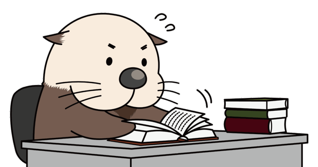 机に向かって真剣に本を読み漁るラッコのキャラクター。複数の本と集中線が、調査やキーワード選定の様子を表現。