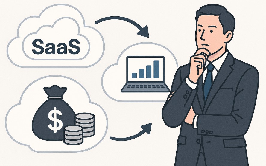 SaaS、成長、収益性を表すクラウドアイコンとスーツ姿のビジネスマンが配置されたイラスト。SaaS企業の年収が高い理由を考察するイメージ。