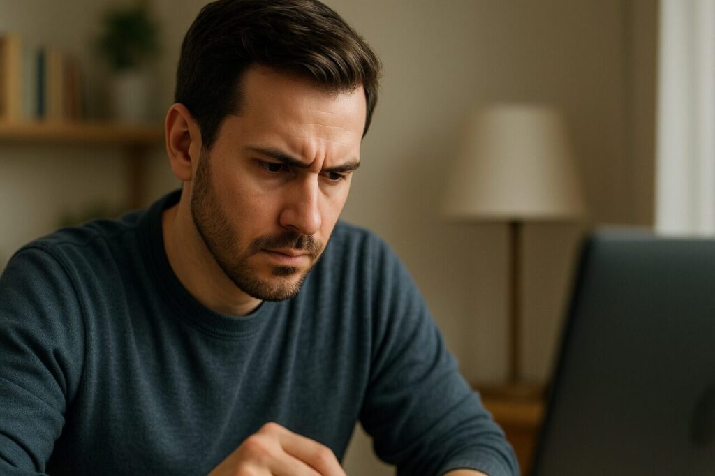 木の机で作業に集中している男性の後ろ姿。やさしい自然光が差し込む部屋で、落ち着いた色合いの空間にノートパソコンと手元が見える。
