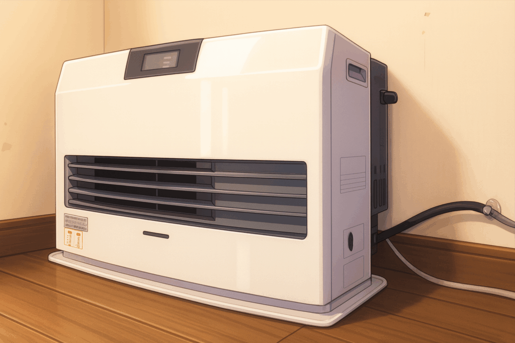 白いガスストーブが木の床に設置されている室内をアニメ風に描いたイラスト。壁際に配置され、やわらかな光が差し込む温かな雰囲気。