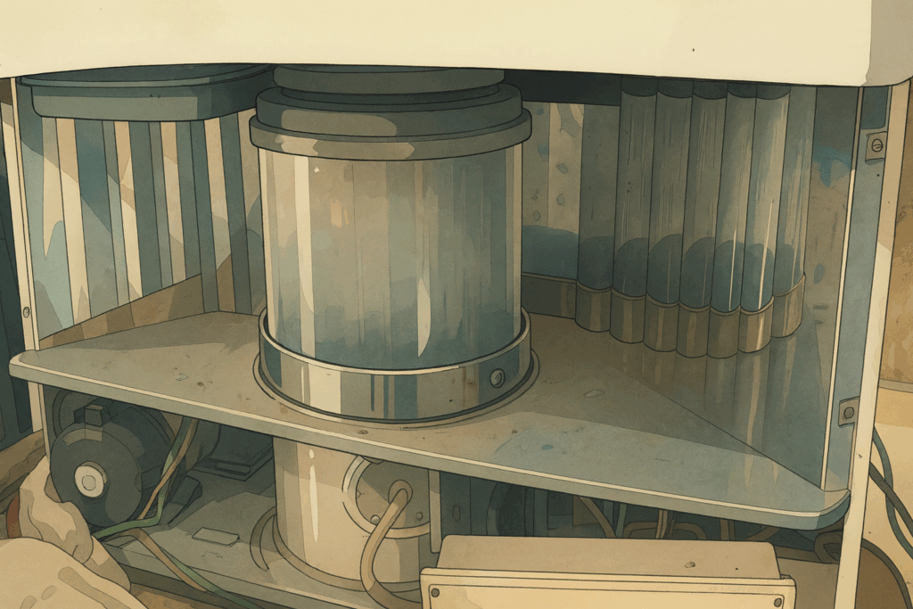 分解整備中の石油ストーブ内部をアニメ風に描いたイラスト。燃焼筒や熱交換パイプが見え、工房内でのメンテナンス作業の雰囲気が伝わる。