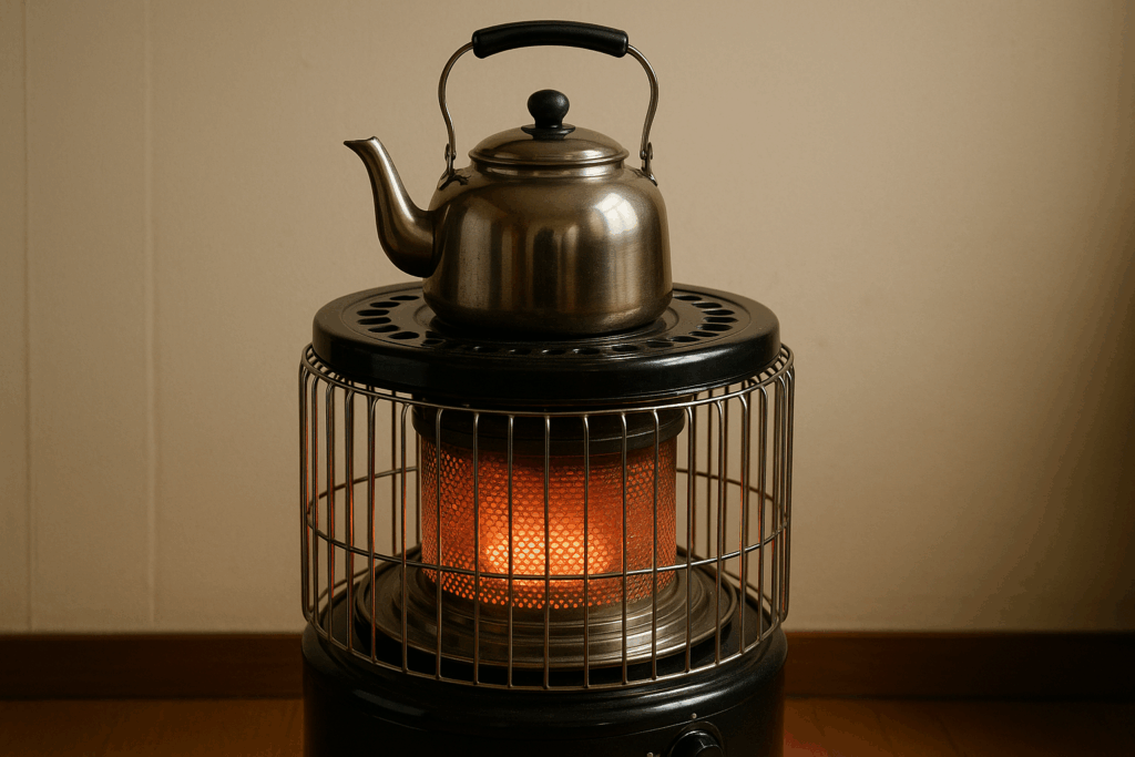 対流式ストーブの上に金属製のやかんが置かれ、オレンジ色の炎が柔らかく灯っている室内の様子。木の床とベージュの壁が暖かい雰囲気を演出している。