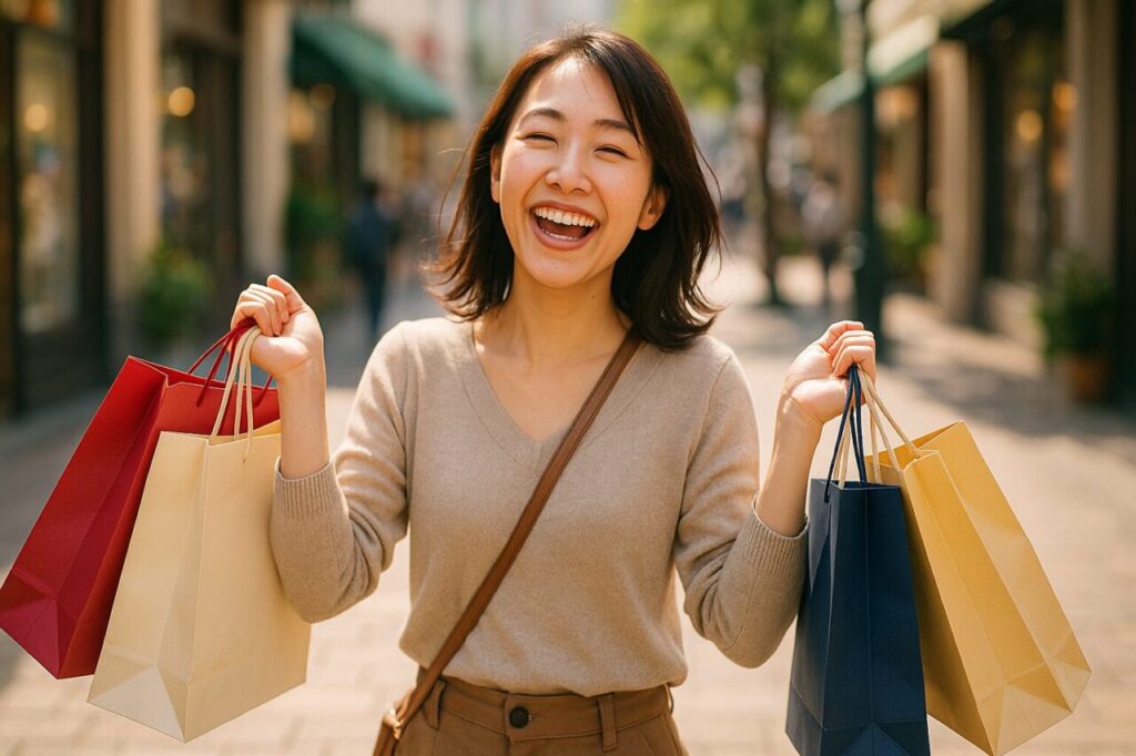 晴れた商店街で、ショッピングバッグを手に笑顔で歩く女性。自然光に包まれ、買い物を楽しむ明るい雰囲気。