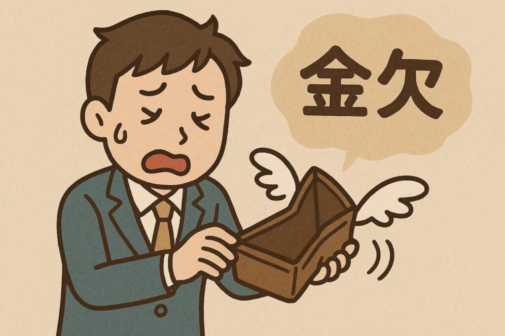 財布の中身が空で困った表情をする男性のイラスト。財布には羽が生え、「金欠」と書かれた吹き出しが浮かぶ様子。