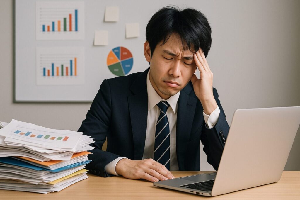 机に積まれた書類を前に、頭を抱えて困った表情をしているスーツ姿の男性。オフィスにはグラフや資料が並び、疲れた様子が伝わる。