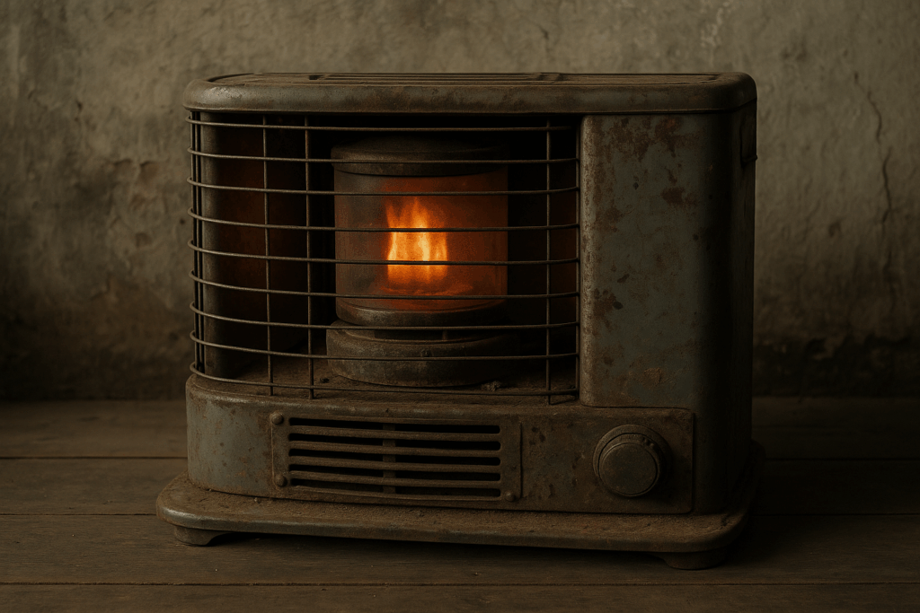 年季の入った古い石油ストーブが、錆びた外装とともに暖かい炎を灯している様子。木の床と古びた壁に囲まれ、使い込まれた雰囲気が伝わる室内風景。
