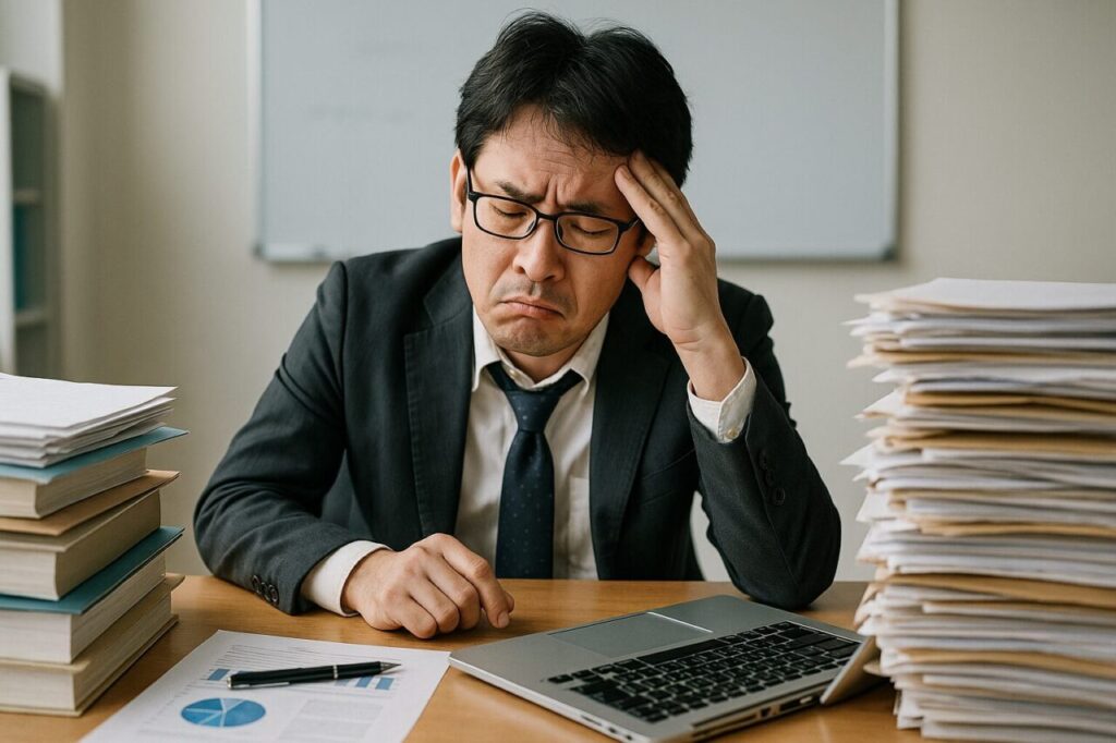 疲れた表情で書類の山に囲まれ、頭を抱えるスーツ姿の男性。デスクに自然光が差し込み、静かな職場の空気が漂う。