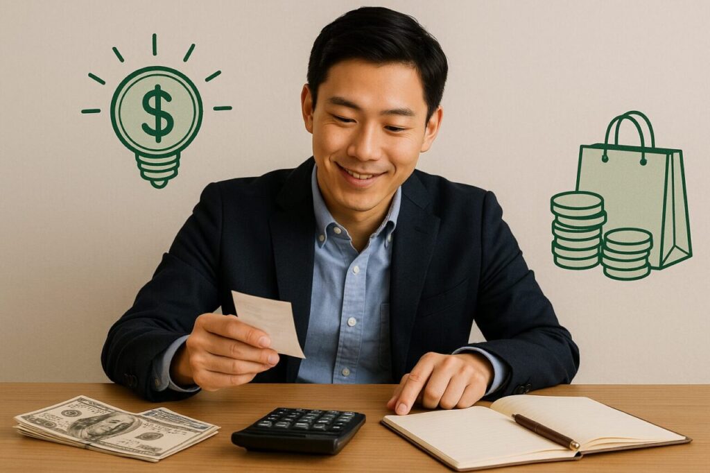 明るい部屋でレシートと電卓を見ながら家計管理をしている男性。穏やかな表情でお金を賢く使う計画を立てている様子。