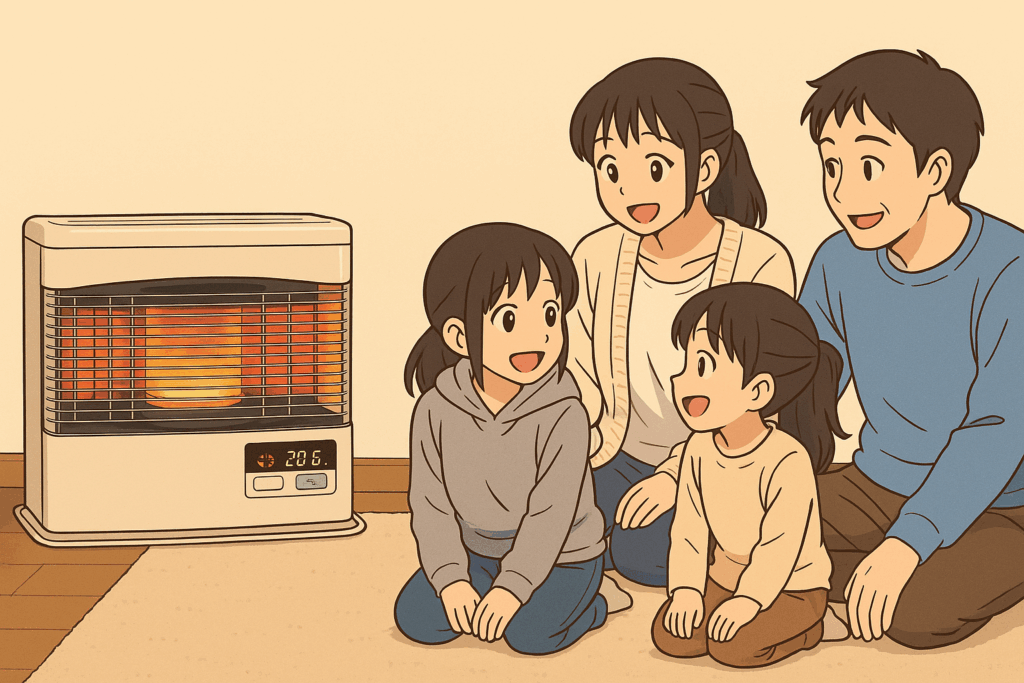 壁際に設置されたFF式石油ストーブの前で、家族が団らんしているアニメ風のリビングシーン。ストーブの暖かな光が部屋を包み、穏やかな雰囲気が漂っている。