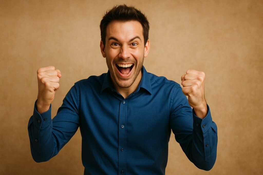 明るい朝の光の中で、青いシャツを着た男性が笑顔で拳を握り、やる気に満ちた表情を見せている。