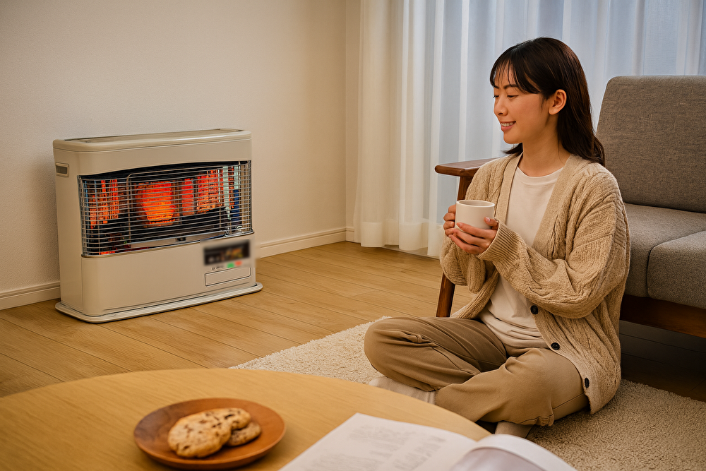 壁際に設置されたFF式石油ストーブが赤く輝き、女性がマグカップを手にくつろいでいるリビングの様子。暖かく落ち着いた雰囲気の中、木製テーブルやソファが並ぶ室内で快適に過ごしている情景。