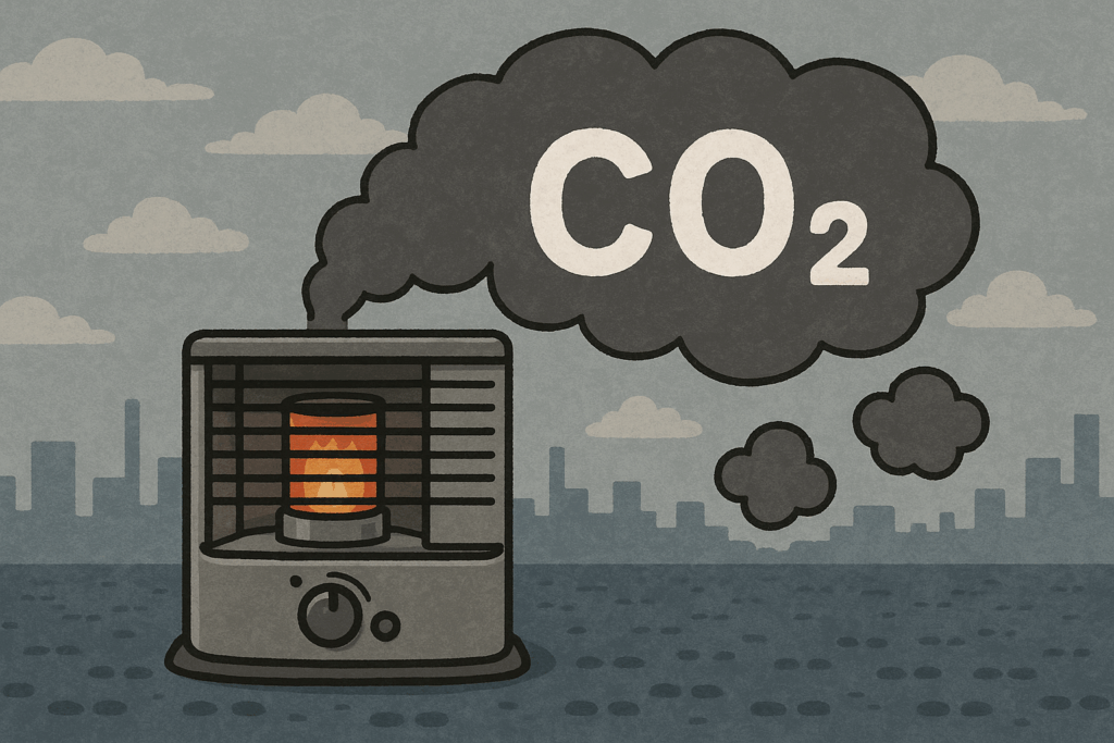 石油ストーブからCO₂(二酸化炭素)が排出され、大気中に拡散している様子を描いたイラスト。背景には都市のシルエットと曇り空があり、暖房と環境負荷の関係を示している。