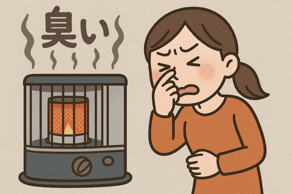 石油ストーブから臭いが立ち上り、鼻を押さえて不快そうにしている女性のイラスト。室内でストーブの臭いに悩む様子を表している。