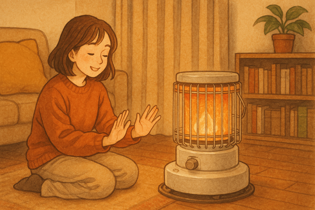 石油ストーブの前で両手を温めながら穏やかにくつろぐ女性。暖かい照明のリビングにはソファと本棚があり、心地よい雰囲気が漂っている。