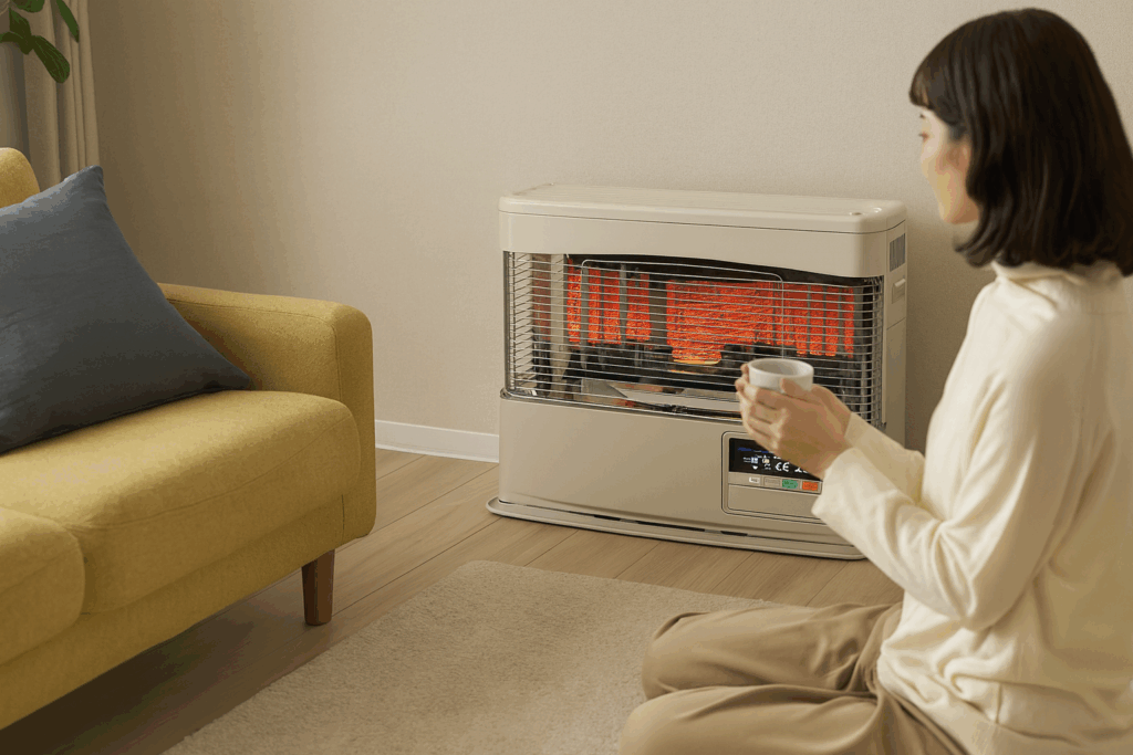 室内の壁側に設置されたFF式石油ストーブが赤く輝き、女性がカップを持って温まっている様子。暖かな光が部屋全体を包み、外の寒さを忘れさせる快適なリビングの雰囲気。